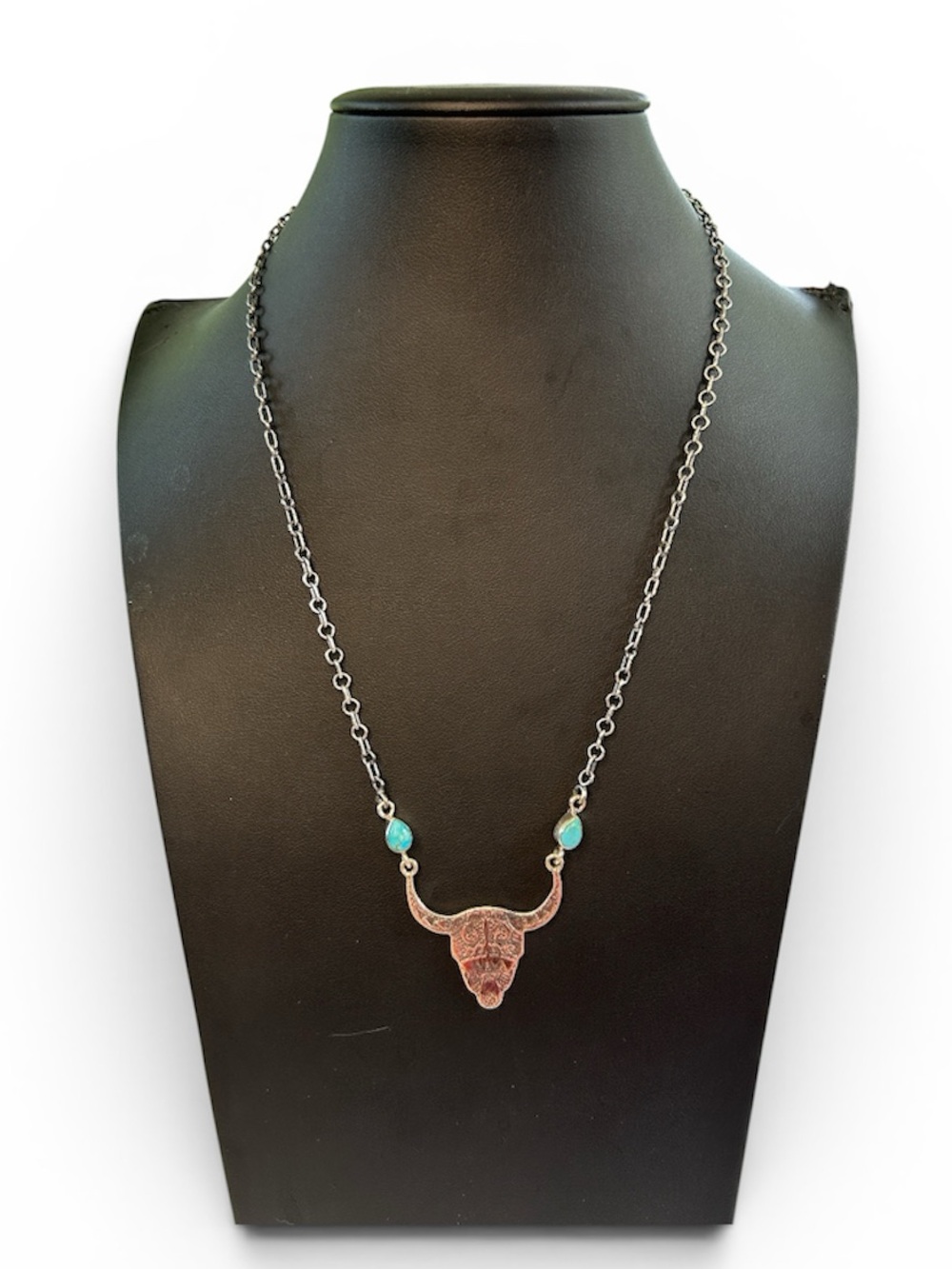 Sterling Silver Longhorn Bull Skull Turquoise Necklace 20” Western Boho